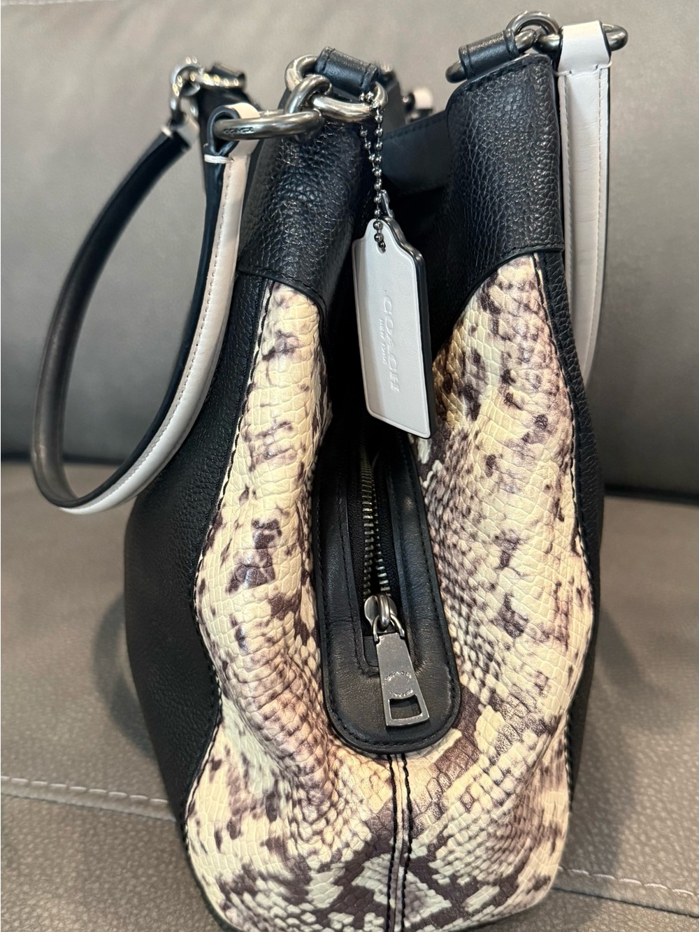 Coach Black Pebbled Leather Snake Skin Hobo with Silver Hardware - Picture 2 of 7